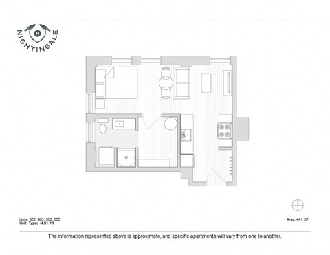 Floor plan for studio, 1 bath, 441 sqft